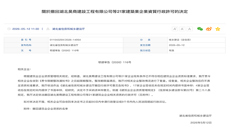 警钟长鸣！湖北21家建企42项资质被集体撤回，行业合规红线不可逾越