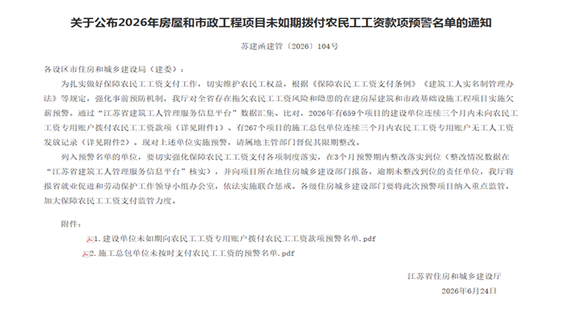 因拖欠农民工工资,江苏926个工程被预警,再不整改将联合惩戒