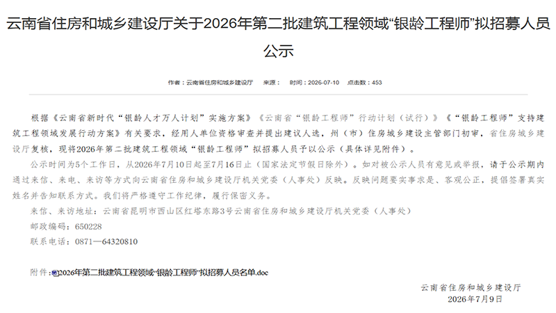 银发技术力量持续落地!云南住建公示第二批建筑工程领域银龄工程师名单