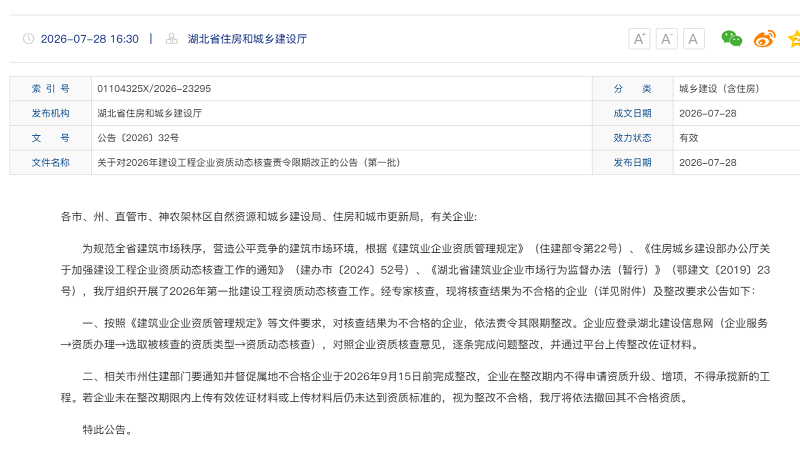 湖北 2026 首批建筑资质动态核查公告发布